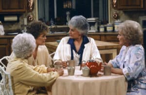 THE GOLDEN GIRLS -- "Diamond in the Rough" Episode 22 -- Pictured: (l-r) Estelle Getty as Sophia Petrillo, Rue McClanahan as Blanche Devereaux, Bea Arthur as Dorothy Petrillo Zbornak, Betty White as Rose Nylund (Photo by Gary Null/NBC/NBCU Photo Bank via Getty Images)